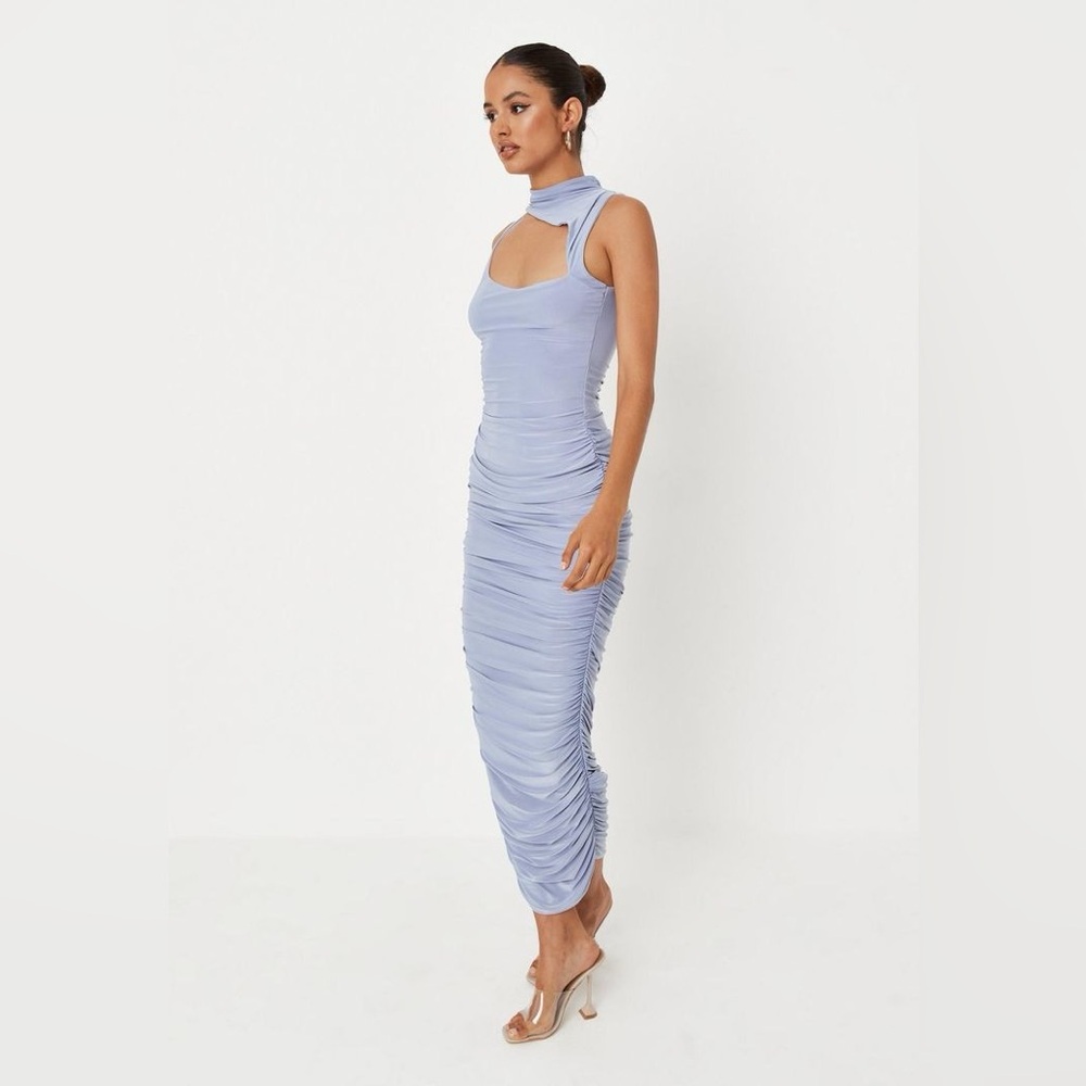 MISSGUIDED Blue Double Layer Slinky High Neck Cut Out Midaxi Dress